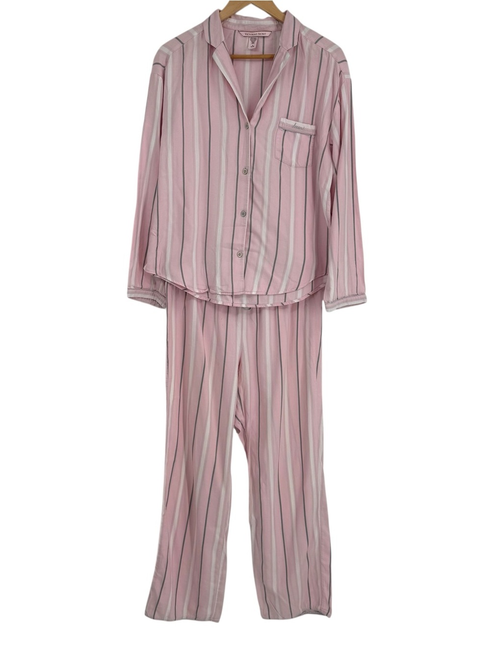 Victoria's Secret Women Flannel Pajama Set Pink Gray Stripe Size M Button Up